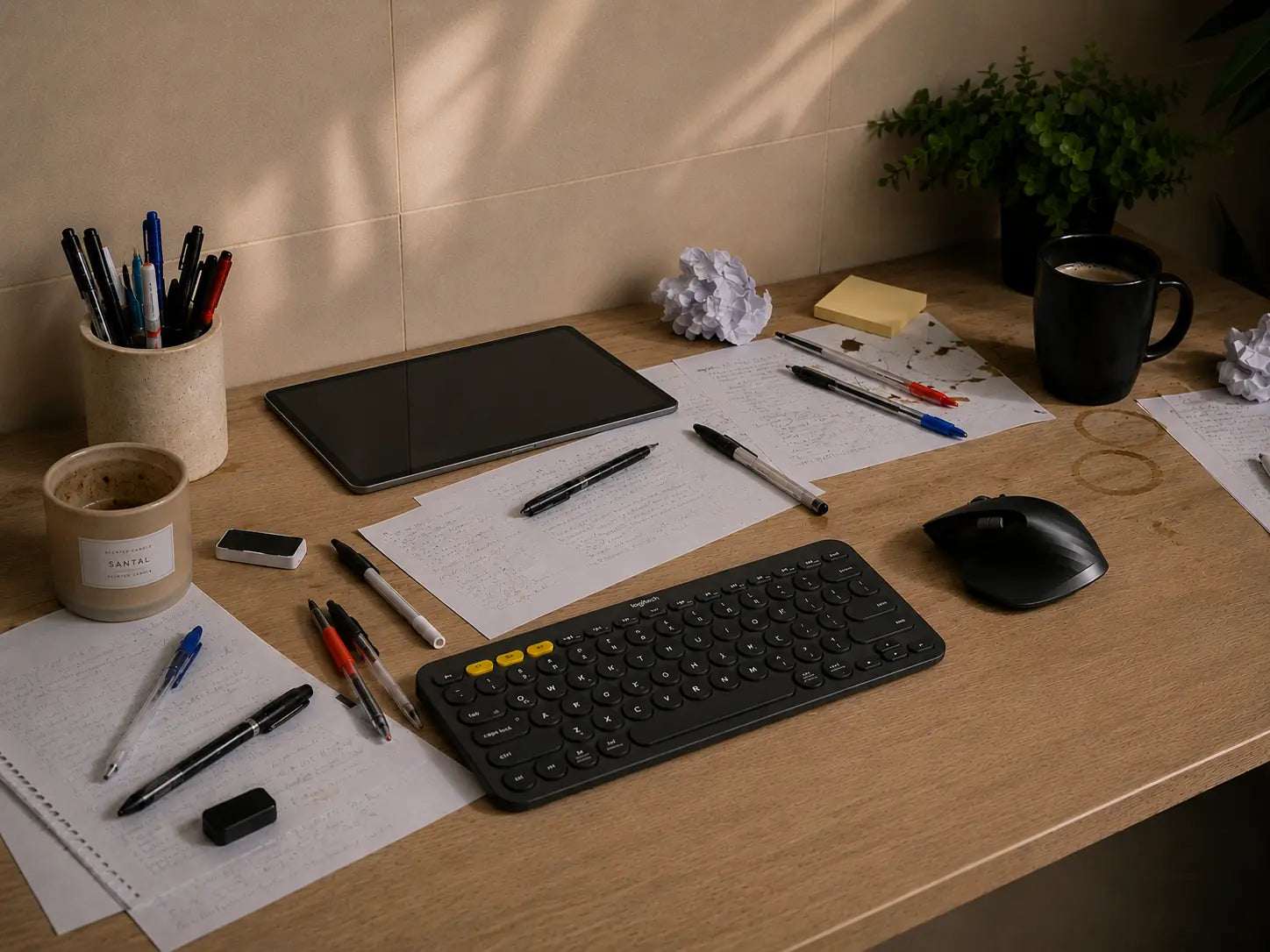 Ortus minimal black workspace with a notebook, felt coaster, tablet and mug on a wooden desk